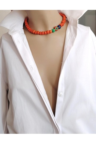 Turuncu Cam Kabak Boncuk Nazar Detaylı Choker Kolye Turuncu