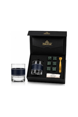 Perlotus Lacivert Hakiki Deri Kılıflı Viski Bardağı Seti 210 Cc Kristal Kadeh, 6 Granit Viski Taşı, Gold Buz Maşası, Premium Hediye Kutusu Şeffaf