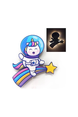 CajuArt Unicorn Astronot Ahşap Işıklı Çocuk Odası Duvar Tablosu