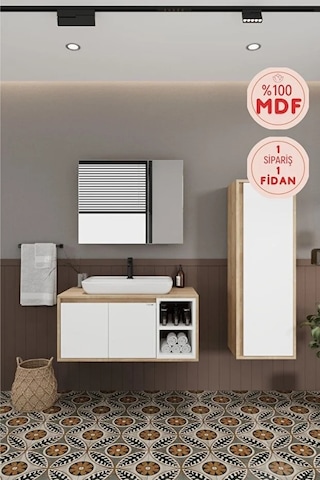 Lale Beyaz 90 Cm %100 Mdf Lavabolu Banyo Dolabı + Boy Dolabı Beyaz Meşe