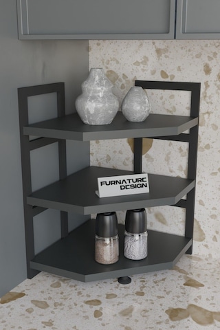 Akın Köşe Baharatlık 3 Raflı Mutfak Tezgah Üstü Köşe Raf - Antrasit Antrasit