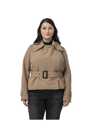 Büyük Beden Mono Yaka Kemerli Astarlı Kısa Vizon Trençkot Vizon