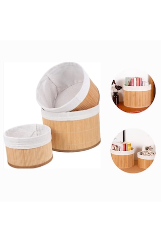 3'lü Bambu Yuvarlak Sepet - Çok Amaçlı Saklama Kutusu Bej