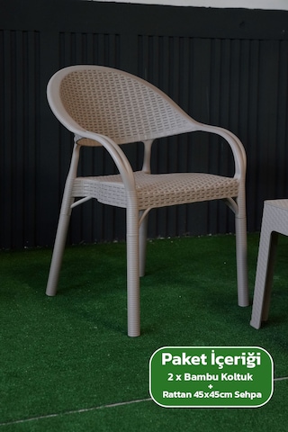 Bambu Rattan Görünümlü Sehpalı Set 2 Adet Koltuk + 45 Cm Sehpalı Sandalye Seti Cappucino