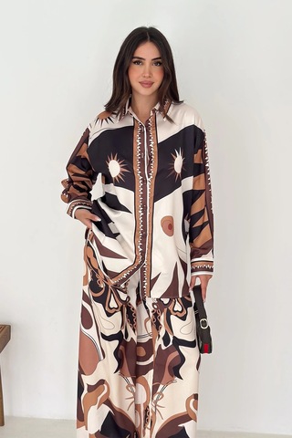 Modal Saten Kumaş Desenli Takım Kahverengi Kahverengi