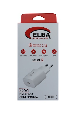 Elba ELB01-25WPD Beyaz 25W Şarj Kafa Type USB-C PD3.0-QC4.0(Akım Elba ELB01-25WPD Beyaz 25W Şarj Kafa Type USB-C PD3.0-QC4.0(Akım