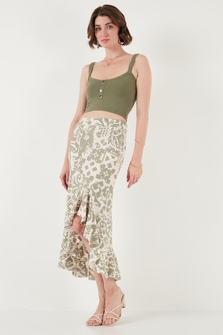 Lela Regular Fit Desenli Yüksek Bel Volanlı Midi Boy Yırtmaçlı Bayan Etek 5869013 Olive