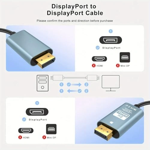 Dp To Dp Kablo, 8k 60hz 200cm Yüksek Hızlı, Displayport Kablo 2 Metre Kablo Uzunluğu Displayport To Displayport Kablo 200cm Zr856