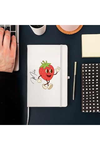 Kişiye Özel Çilek Karakterli Eğlenceli Tasarım Deri Kapak Defter Beyaz