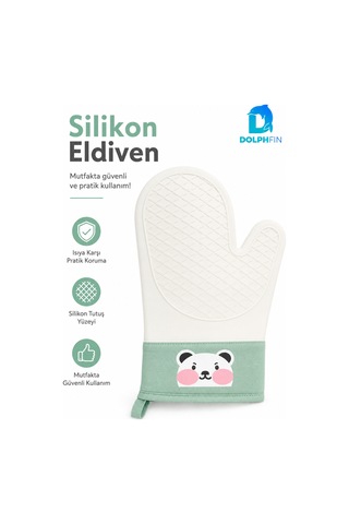 Silikon Fırın Eldiveni Panda Desenli Isıya Dayanıklı Kaymaz Mutfak Eldiveni Yeşil Cok Renkli