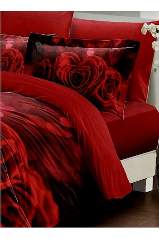 240x260 Cm Çift Kişilik Nevresim Takımı Pamuk Saten Çeyizlik Premium Güllü Kalpli Lüx Marka Kırmızı Kırmızı Gül