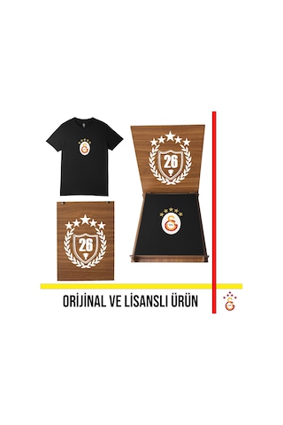 Galatasaray Lisanslı 5 Yıldız Büyük Logolu Siyah T-shirt 26 Şampiyonluk Ahşap Kutulu E251402