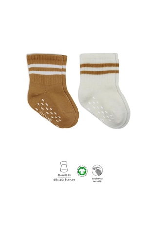 Akıllı Bayi 2'li Çemberli Kaymaz Soket Çorap 10125 Ekru Hardal renkli