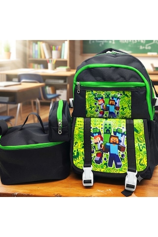 İlkokul 3 Lü Set Karekter Desenli Laptop Bölmeli Kalemlik,beslenme Çantalı Erkek Çocuk Okul Sırt Çantası 40 27 17 Cm Ebat siyah
