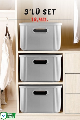 3'lü Set Çok Amaçlı Düzenleyici Depolama Kutusu Gri 13,4lt