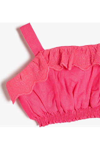 Koton Keten Crop Bluz Slim Askılı Beli Lastikli Fırfırlı Pembe 3smg60010aw 3SMG60010AW294 Pembe