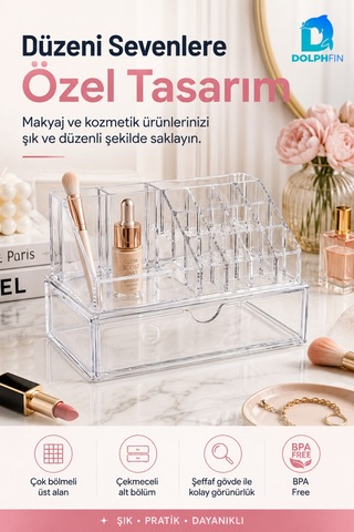 Organizerli Çekmece Set Şeffaf Makyaj Kozmetik Takı Ruj Oje Pamuk Düzenleyici