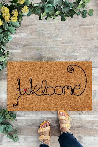 Welcome, Kedi, Kapı Önü Paspası, Desenli Dijital Baskı