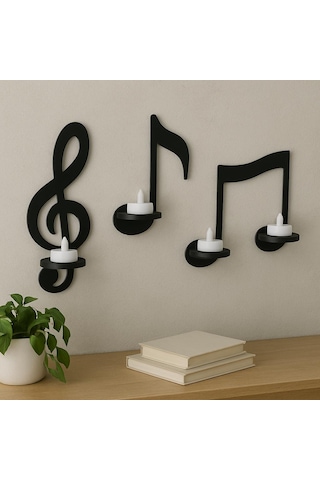 Cajuart Siyah Ahşap Notalar 3 Parça Led Mumlu Duvar Dekoru Dekoratif Tablo