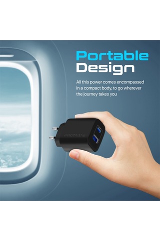 Promate BiPlug-2 17W Yüksek Hızlı Şarj Cihazı, 5V/3A Type-C, 5V/2,4A USB Duvar Şarj Adaptörü, Aşırı Şarj Koruma