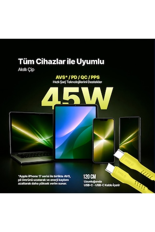 Ttec Smartcharger Gan 45W Avs PD Seyahat Hızlı Şarj Aleti + USB-C - USB-C 3A 120 CM Kablo Neon Sarı