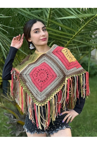 Gönülden Tasarım El Örgüsü Püsküllü Kadın Panço Sarı
