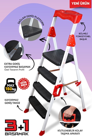 Elegance 3+1 Geniş Basamaklı Kolay Taşıma Aparatlı Merdiven Kaliteli Paslanmaz 3+1 Basamaklı