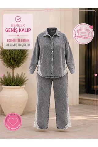 Büyük Beden Yakalı Düğmeli Tunik Gömlekli Paçası Dantel Detaylı Denim Kadın İkili Takım Gri