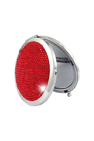 Sones Elmas İşlemeli Metal Çift Taraflı Katlanır Mini Taşınabilir Yuvarlak Küçük Makyaj Aynası Kırmızı