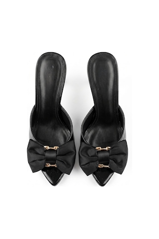 V.s.h Velvet Kadın Fiyonklu 8 Cm Siyah Topuklu Terlik / Siloy-2467