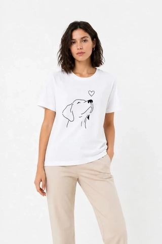 Defymoda Köpek Figürlü Minimal Baskılı Tişört Kısa Kol Yazlık T-shirt - Beyaz