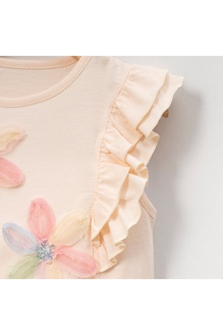 Overdo Kids Kız Çocuk Çiçekli Fırfırlı Kısa Kollu %100 Pamuklu T-shirt Somon