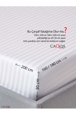 Caqqa Beyaz Çizgili Saten Çarşafı Lastikli Çift Kişilik Premium Otel Nevresim Takımı Beyaz