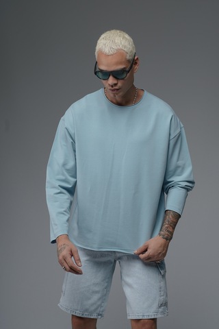 Pis Yaka Oversize Kalıp Düz Sweatshirt Mavi
