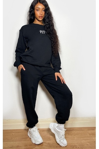 Plt Design Eşofman Takımı Sweatshirt Jogger - Siyah Baskılı Oversize Şardonlu Bisiklet Yaka Siyah