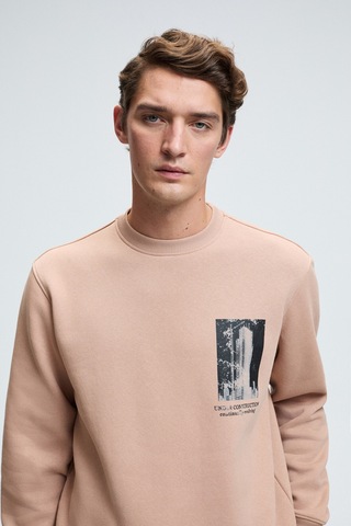 Grimelange LUCIAN Erkek Göğsü Ve Sırtı Baskılı Yuvarlak Yaka Regular Fit Vizon Sweatshirt