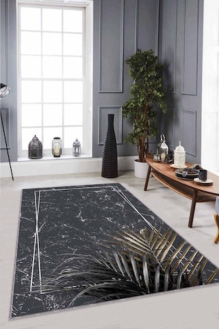 Antrasit Modern Klasik Kaymaz Tabanlı Dekoratif Halı Rv185n11
