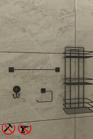 Alper Banyo Yapışkanlı Siyah 3 Katlı Banyo Rafı TŞ03 Jasmin Kağıtlık Uzun Havluluk Lotus V Bornoz Askılık Siyah