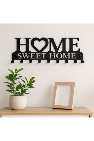 Lunoart Dekoratif Metal Anahtarlık Askılığı Giriş İçin Home Sweet Home Tasarımı Siyah