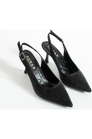 Dabab Shoes Merıa Kadın Siyah 7 Cm Sivri Burun Kristal Taş İşlemeli Slingback Topuklu Ayakkabı