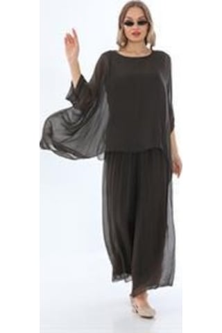 İtalyan Yarasa Kol İpek Bluz-8869 Kahverengi