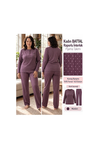 Lana Kadın Battal Pamuk Likralı Raporlu İnterlok Kışlık Pijama Takımı 245/10 - 1 Adet Mürdüm