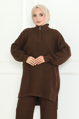 Fermuarlı Tunik Pantolon Triko Takım 1126 - Acı Kahve Acı Kahverengi