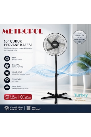 Metropol Mp-1005-m 16" Ayaklı Vantilatör 55w Güçlü Motor İle 5 Kollu Metal Pervane