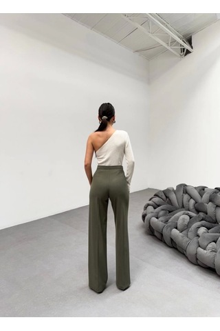 Defymoda 230 Gr Poly Viscose Lycra Metal Düğme Palazzo Pantolon Haki