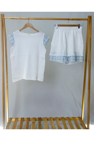 Süper Hafif %100 Pamuk 2 Katlı Müslin Şort - Tişört İkili Takım Pijama Gots Sertifikalı Mavi