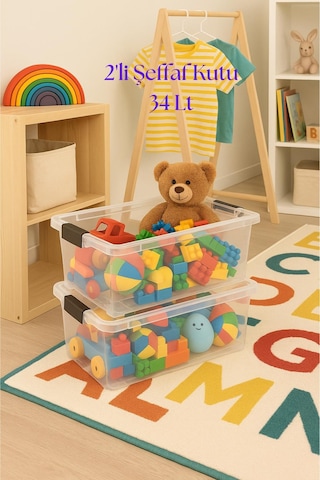 2 Li Şeffaf Saklama Kutusu & Düzenleme Kutusu & Oyuncak Kutusu 34 Lt Şeffaf