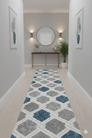 Salon Halısı Mavi Gri Geometrik Desenli Kaymaz Taban Fch3011