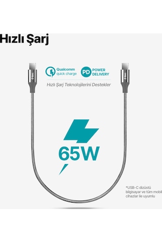 Ttec 2DK50UG Alumicable USB-C - USB-C 30 CM 65W PD/Qc Hızlı Şarj/Data Kablosu Uzay Grisi