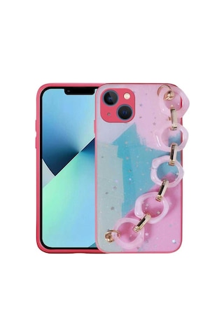 Apple Uyumlu iPhone 13 Uyumlu Simli Desenli El Askılı Tutacaklı Zore Elsa Silikon Kılıf-pembe Koyu Pembe Koyu -
